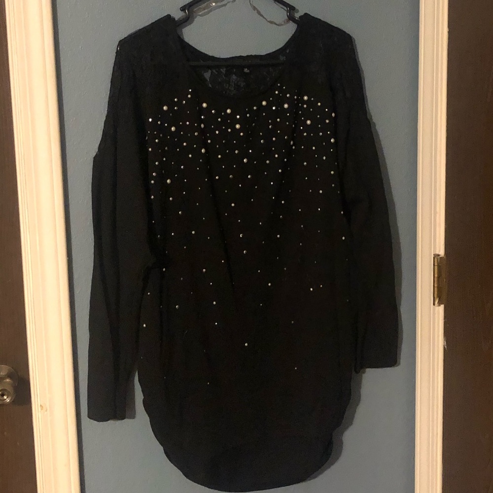 Black sweater with pearl decals and lace shoulders